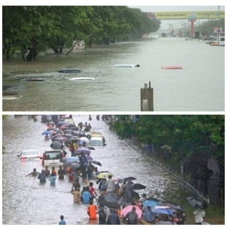 Flood roads in Mumbai. One with people and the other only water.